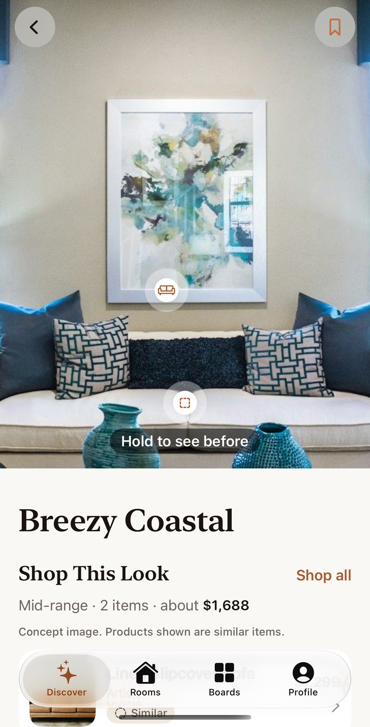 Roomlike design detail screen showing a Breezy Coastal room and a Shop This Look section.