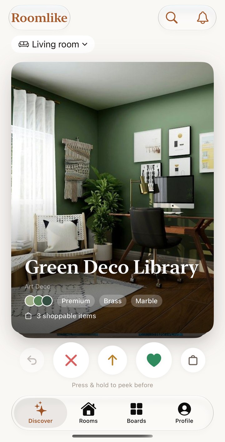 Roomlike Discover screen with a styled room card and swipe buttons.