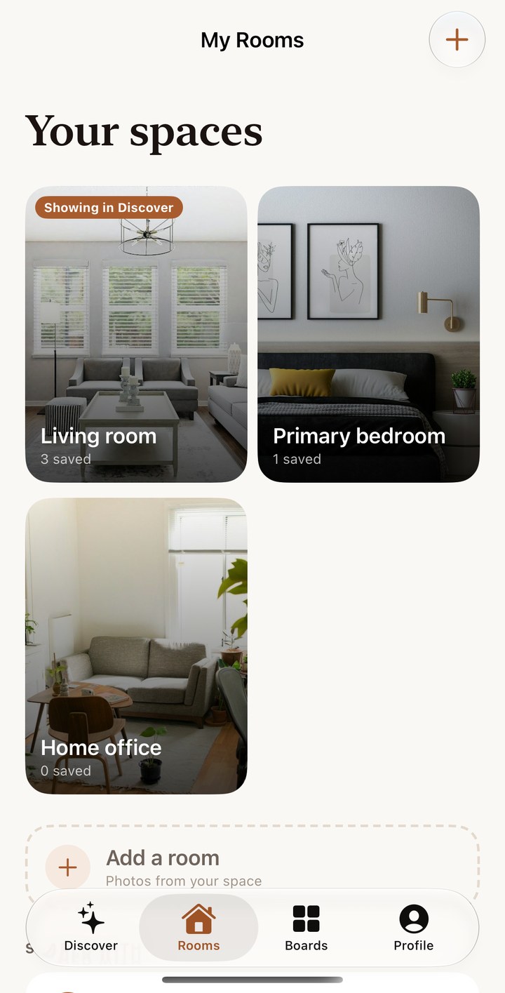 Roomlike My Rooms screen listing a living room, bedroom and home office.