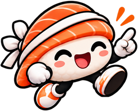 Our mascot, a happy salmon nigiri in a white headband, hopping and pointing up.